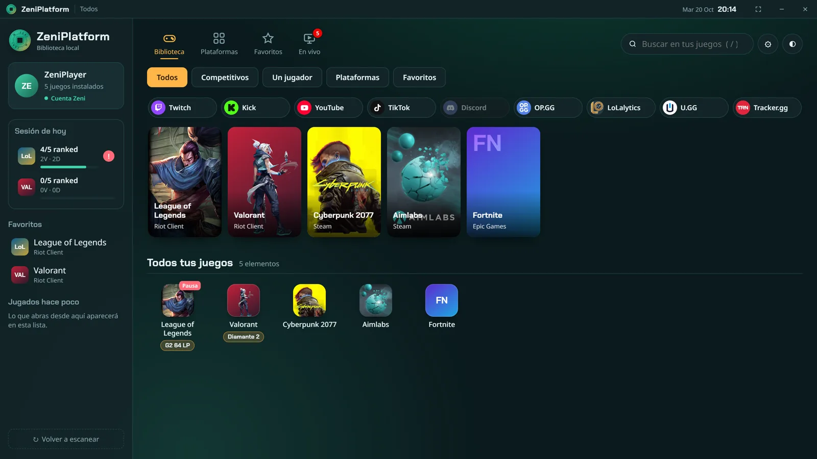 Biblioteca de ZeniPlatform con League of Legends, Valorant y otros juegos, rango y sesión de hoy