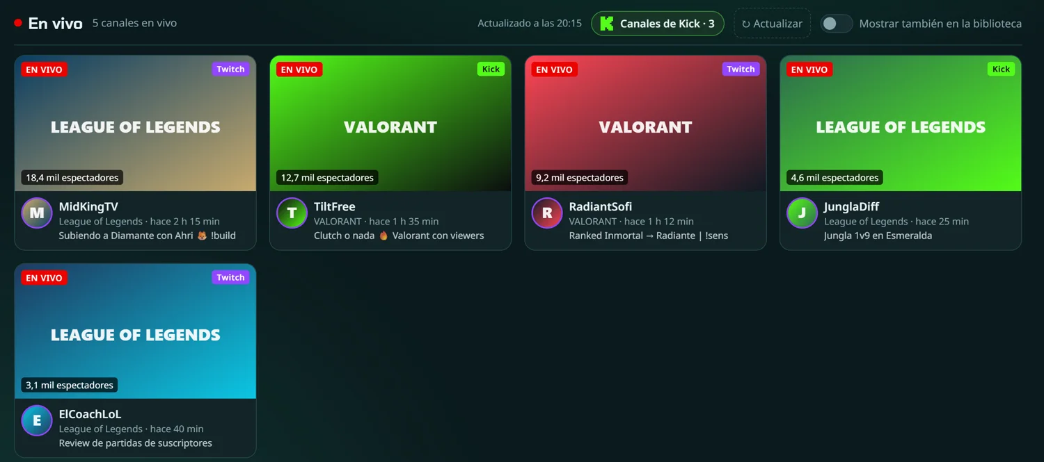 Sección En vivo con streams de Twitch y Kick